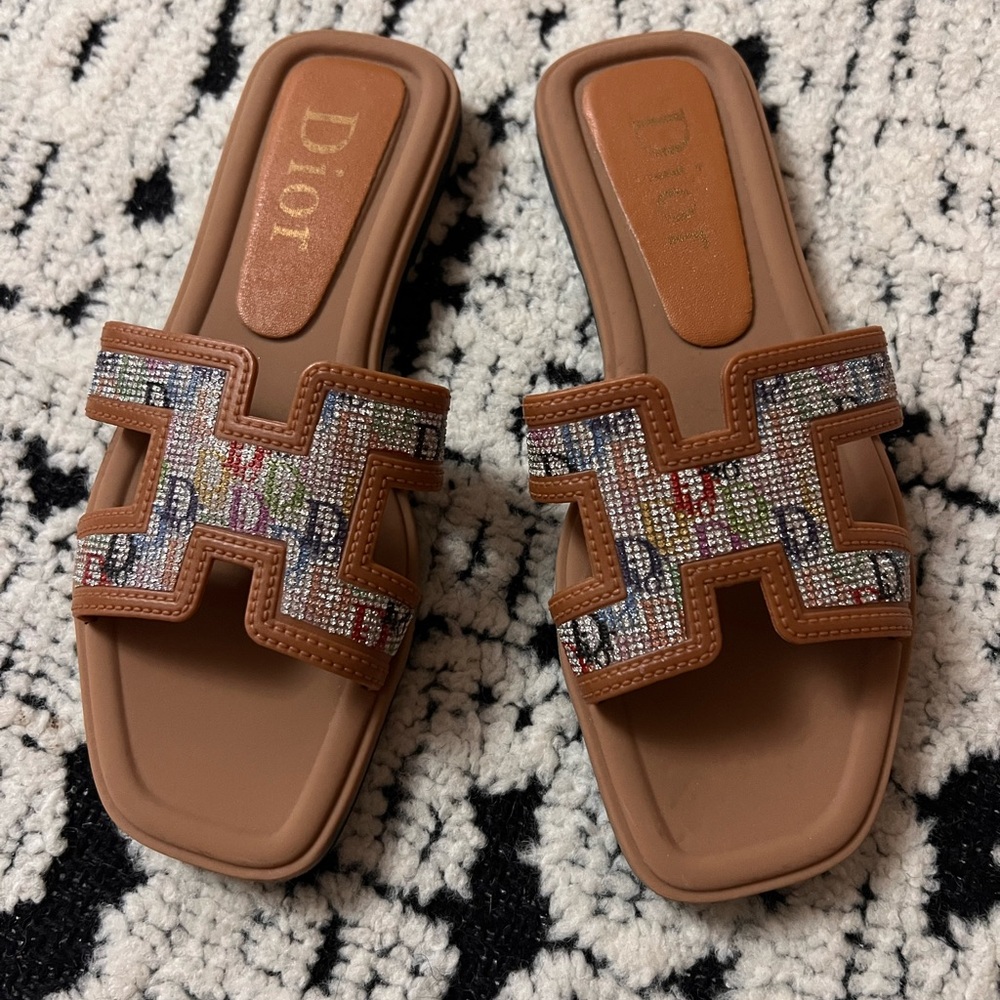 Kids Tan and Multicolor Slide Sandals